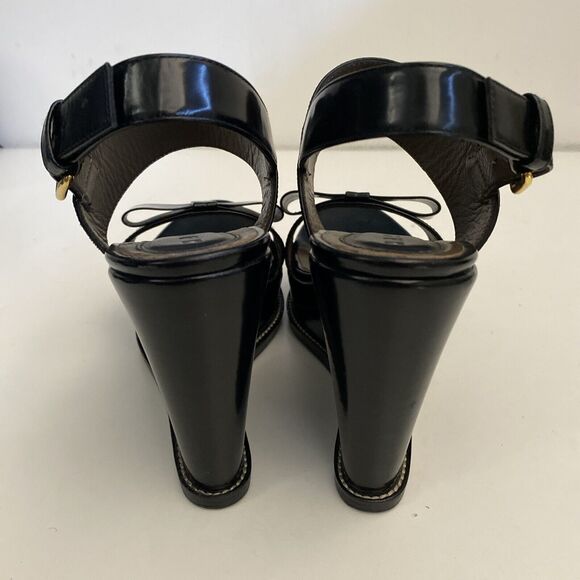 MARNI Sandal Wedge Open Toe Platform Ankle Strap Bow Black Leather 8 - Picture 6 of 10